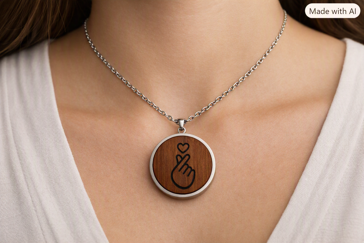 K-pop finger heart wood engraved necklace