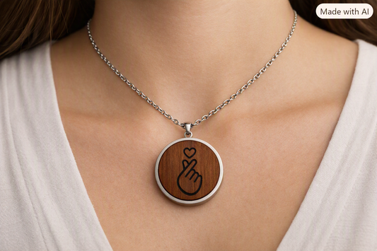 K-pop finger heart wood engraved necklace